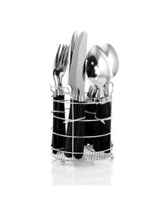 Gibson Sensations II 16 Piece Stainless Steel Flatware Set with Black Handles and Chrome Caddy